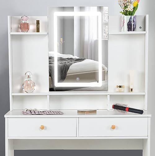 Makeup Vanity Desk with Lights & Mirror, Large Vanity Set with Storage Drawers & Stool, Bedroom Dresser Desk Vanity Table, White (Modern Vanity D