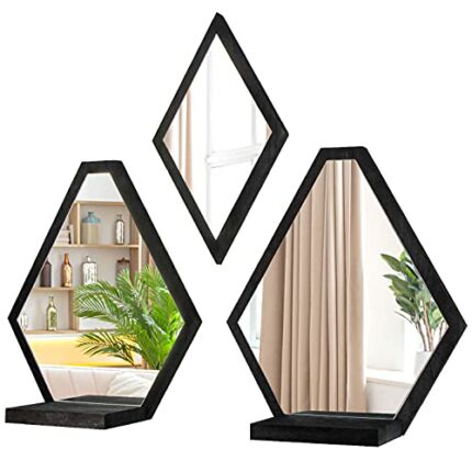 JACKCUBE Design Wall Mount Decorative Mirrors- Set of 3, Geometric Rustic Wood Real Mirror with Shelf for Bedroom, Bathroom, Living Room, Kitchen