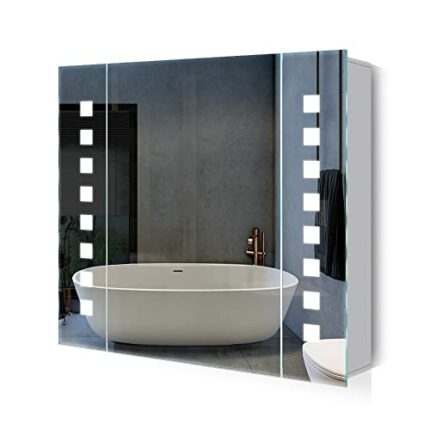 Quavikey® Bathroom Mirror Cabinet with Lights and Shaver Socket LED Illuminated Cabinet Wall Mounted with Shelf and Anti Fog Cubes Light 650 x 60