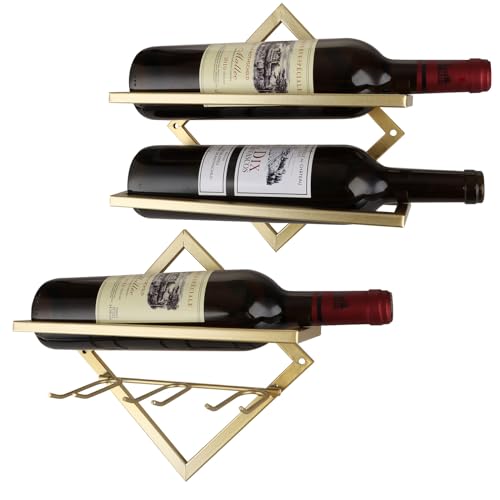 CYEAH Metal Wall Mounted Wine Holder Set of 2, Gold Foldable Hanging Wall Wine Rack Organizers, Red Wine Bottle Display Hanger with Screws for Ho