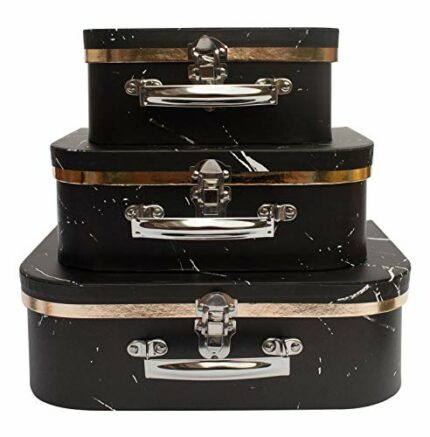 Emartbuy Set of 3 Rigid Luxury Presentation, Suitcase Gift Storage Box, Black Marble Print, White Interior with Metal Handle and Clasp