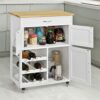 UXZDX Kitchen Storage Serving Trolley Cart with Rubber Wood Worktop Storage Cabinet