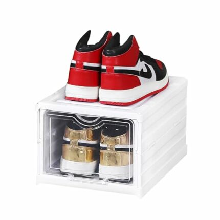 Calogy Stackable Shoes Storage Boxes, Shoe Box Organiser, Clear Plastic Stacking Rack, Cabinet Containers, Easy Assemble, Sturdy, Fits for All Ki