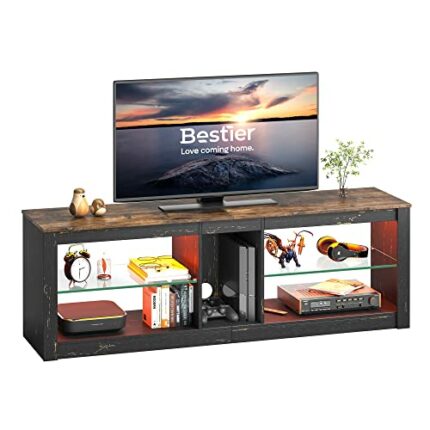 Bestier TV Stand Cabinet 140CM Entertainment Center Led Tv Stand Modern TV Unit with Glass Shelf RGB LED Lighted for 65 inch TVs with Ambient Lig