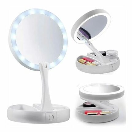 Cosmetic Mirror with LED Light and Organizer Makeup Mirror with Double Sided and 10X Magnification Mirror for Lighted Makeup, Shaving and Persona