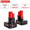 Powarobor 2 Pack M12 12V 6.0Ah Replacement Battery for Milwaukee M12 XC Cordless Tools,6000mAh High Capacity Lithium-ion Battery Compatible with
