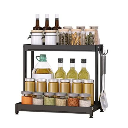 Redwestmelon Spice Rack Kitchen Countertop Shelf Spice Organizer Holder Free Standing Black 2 Tier Seasoning Rack Storage Spice Stand