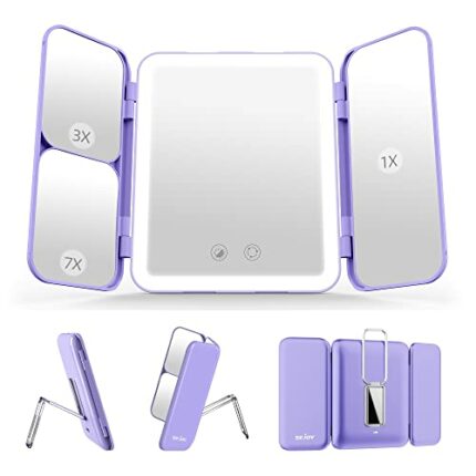 LED Makeup Mirror with Lights 3 Colour Light Rechargeable Portable Travel Mirror with 1X/3X/7X Magnification, Tri-Fold Lighted Vanity Mirror Make