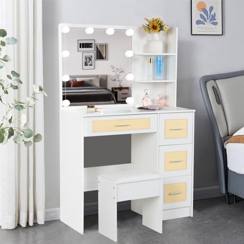 Caulitar Vanity Desk with Mirror and Lights, White Makeup Vanity Set with 4 Drawers and Chair, Girls Vanity Table for Bedroom