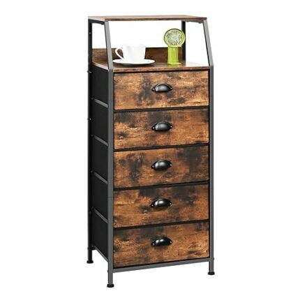 Ollieroo Vintage 5 Drawer Dresser, Tall Dresser for Bedroom, Fabric Drawer Organizer Unit, Nightstand Bedside Table Furniture,Vertical Dressers S