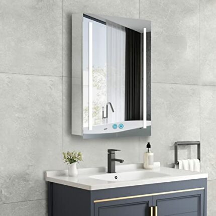 WisHomee Stainless Steels Bathroom Mirror Cabinets with LED Lights, Wall Mounted Mirror Medicine Cabinet with Shelf, Socket and Plug, Anti Fog, D