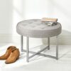 mDesign Pouffe Footstool — Small Round Stool with Padded Fabric Cushion — Ideal Footrest for Reading and Watching TV — Light Grey/Silver