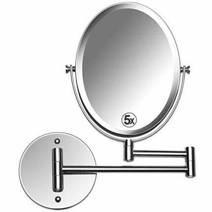 MIRRORVANA Extending Wall Mounted Bathroom Mirror for Shaving and Makeup - Double Sided 5X / 1X Magnification with 360° Rotation - 33cm Extendabl