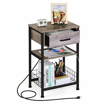 OYEAL Gray Night Stand with Drawers, Small End Bedside Table with Charging Station & USB Ports, Farmhouse Side Table with Storage Shelf for Bedro
