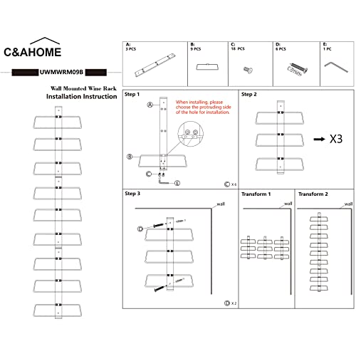 C&AHOME Wall Mounted Wine Rack, 18 Bottle Wall Mounted Wine Rack, Adjustable and Separable Metal Hanging Wine Bottle Holder, Freely Wall Wine Rac