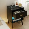 Aobafuir Nightstand with Charging Station and LED Lights,Bedside Table with 1 Drawer,Modern Night Stand,End Table for Bedroom, Living Room,Black