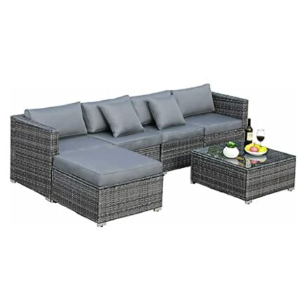 TJLSS 6PCS Rattan Garden Corner Sofa Set Outdoor Garden Furniture Set Patio Sofa Set with Glass Coffee Table Cushions Pillows