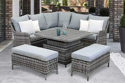 Homeflair High Grade Polyethylene Rattan Weave 4 Seater Corner Sofa Set with Top Temepered Glass Centre Table 2 Benches for Garden Grey