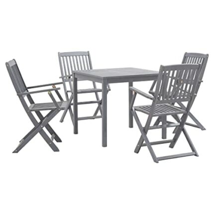 vidaXL 5 Piece Solid Acacia Wood Garden Dining Set Easy Clean Outdoor Folding Table Chair Grey Patio Furniture