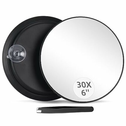 Round 30X Magnifying Mirror, 6 Inch Magnified Mirror with Three Mounting Suction Cups, Compact Magnifying Mirror and Tweezers, 30X Magnification