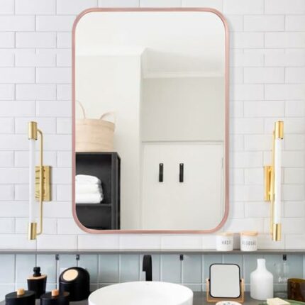 AOAOPQ 17x26 inch Rose Gold Aluminium Steel Metal Framed Bathroom Mirror for Wall Mounted Rounded Rectangular Bathroom Vanity Mirror