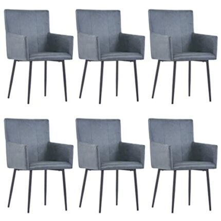 vidaXL 6x Dining Chairs with Armrests Dining Room Home Furniture Dinner Chair Kitchen Chair Armchair Bedroom Restaurant Chair Grey Faux Suede Lea
