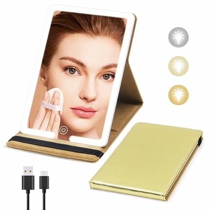 Travel Makeup Mirror with Lights, LED Lighted Vanity Cosmetic Mirror with PU Leather Case, Rechargeable 1500mAh Battery, 3-Color Light Modes Dimm