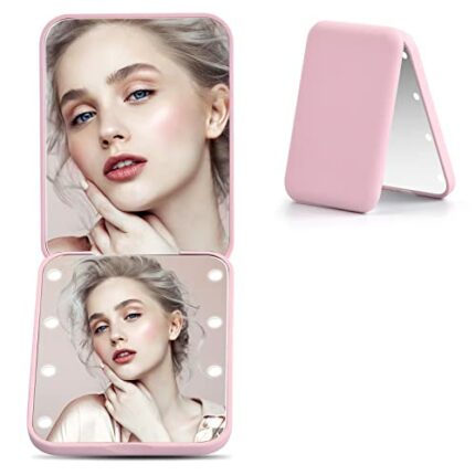 Chstarina Compact Mirror, Portable Makeup Mirror, Magnifying Mirror with Light, 1X / 2X Handheld LED Light Up Mirror, Small Travel Make Up Mirror