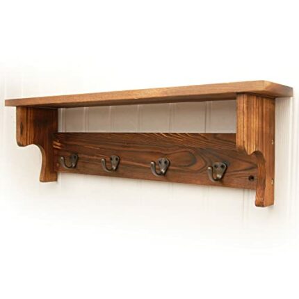 Jones & Grey Rustic Farmhouse Wooden Coat Rack with Shelf & Cast Iron Hooks
