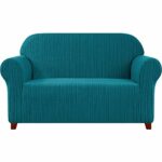 subrtex 1-Piece Striped Jacquard Sofa Slipcover, Spandex Stretch Couch Sofa Cover, Washable Furniture Protector for Living Room (3 Seaters, Blue)