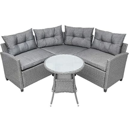 TJLSS 4-piece Resin Wicker Patio With Round Table, Gray Cushion Furniture Set Sofa-type Garden Pool Balcony