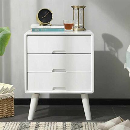 N/A Simple Bedroom with Solid Wood Mini White Bedside Table, Three Drawer Design
