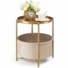danpinera Round Side Table with Fabric Storage Basket, Metal Side Table Small Bedside Table Nightstand with Removable Tray Top for Living Room, B