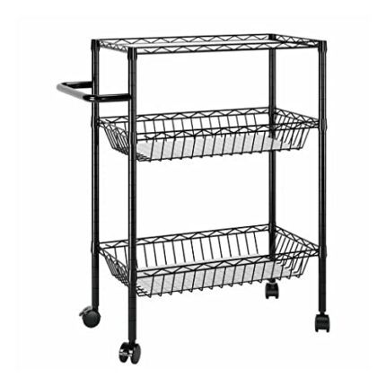 DINGZZ 3 Tier Kitchen Trolley Rolling Storage Cart Serving Trolley With Handle Black Iron Bathroom Shelf