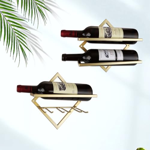 CYEAH Metal Wall Mounted Wine Holder Set of 2, Gold Foldable Hanging Wall Wine Rack Organizers, Red Wine Bottle Display Hanger with Screws for Ho