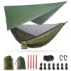 3in1 Outdoor Double Camping Hammock, Ripstop Nylon Travel Hammock with Mosquito Net and Rainfly Tarp, Tree Straps 200kg Load Capacity Large Hammo