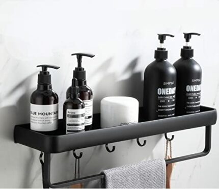 Modern Double Layer Bathroom Storage Shelves and One Towel Bar and 5 Moveable Hooks, Black Aluminum Towel Holders Towel Rack, Shower Storage Shel