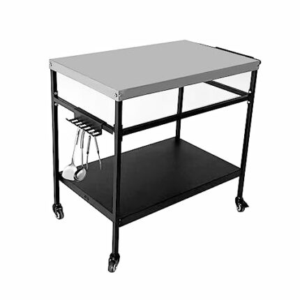 Stuffygreenus Double-Shelf Stainless Steel Movable Dining Cart Table, Grill Dining Cart Trolley Stand with 4 Wheels for Outdoors, Kitchen or Pati
