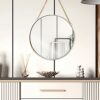 ZeRyan 30cm Round Hanging Mirror, Gold Bathroom Makeup Mirror - Brass Frame with Hanging Chain and Rope