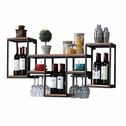 Industrial Wall Mounted Wine Racks with 8 Goblet Glass Holder, Metal Hanging Wine Bottle Holder, Vintage Wall Metal and Wood Shelf Floating Shelv