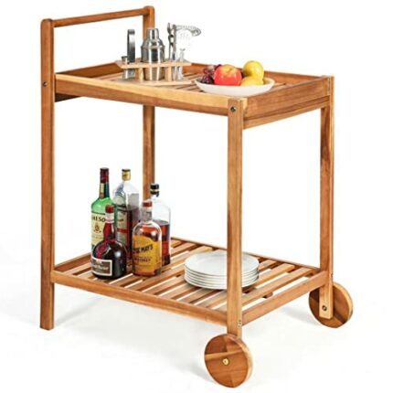 DINGZZ 2-Tier Rolling Kitchen Trolley Cart Dining Serving Cart Outdoor W/Wheels With Solid Wood Countertop And Spice Rack