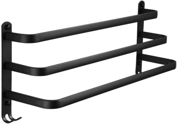 XHALERY Towel Rail 3-Tier Bath Towel Rack with Hooks Aluminum Wall Mounted Towel Holder Black 30CM Punch-Free Towel Bar Rail for Kitchen Bathroom