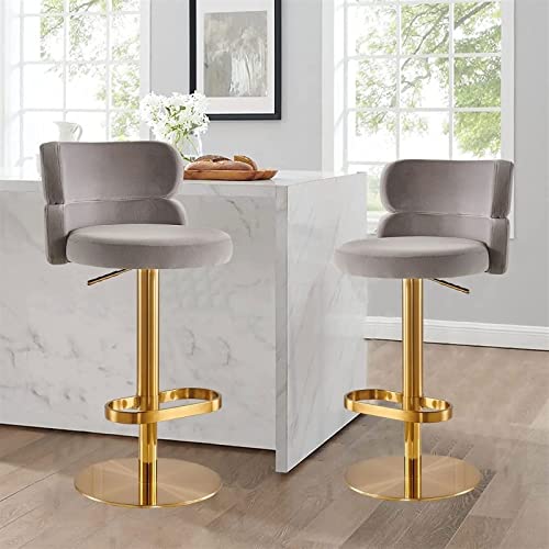 ADEADE Grey Set of 2 Swivel Velvet Counter Barstools Adjustable Height Backrest Bar Stools with Backrest Gold Legs Round Upholstered Seat for Kit