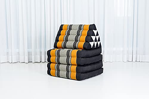 LEEWADEE 4-Fold Mat with Triangle Cushion – Firm TV Pillow, Foldable Mattress with Cushion Made of Eco-Friendly Kapok, 225 x 50 cm, black orange