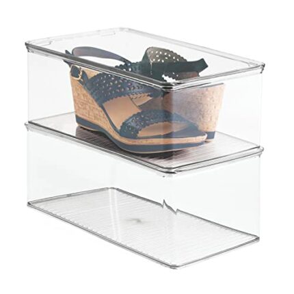 mDesign Shoe Organiser – Set of 2 – Plastic Shoe Storage Box With Lid – Footwear Organiser for Boots, Sneakers, Sandals – 32.4 cm x 18.4 cm x 12.