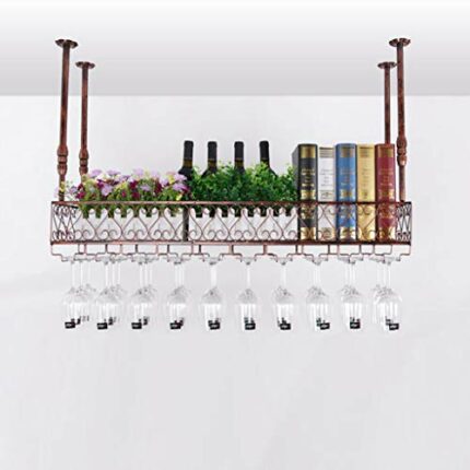 PIBM Hanging Wall Upside down Storage Rack Wine Wrought Iron Inverted High Cup Holder J1124, Bronze , 60*25cm
