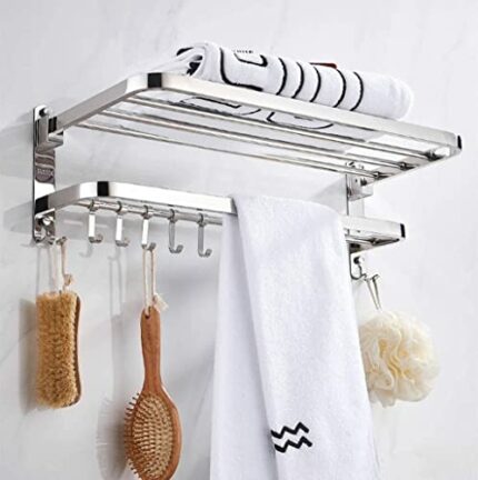 XHALERY 38cm Wall-Mounted Towel Rack Towel Rail Double-Layer Stainless Steel With Five Hooks For Bathroom Kitchen Hotel Office
