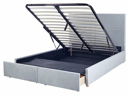 Velvet Bed Frame EU King Size with Storage 5ft3 Light Grey Slatted Base Vernoyes