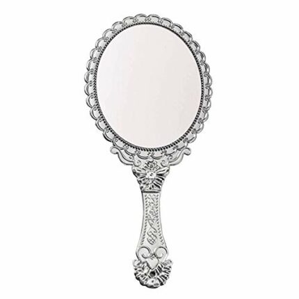 Vintage Handheld Mirror Makeup Mirror Oval Embossed Flower Vanity Mirror Antique Travel Compact Personal Cosmetic Mirror for Women Girls(Silver)