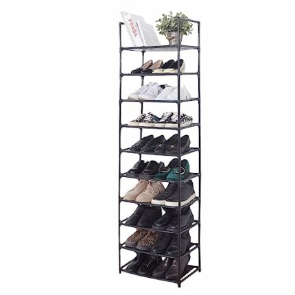 GREATSK 10 Tiers Shoe Rack 20-25 Pairs Sturdy Shoe Shelf, with Side Hooks, Shoe Rack for Entryway, Free Standing Shoe Racks, Metal Shoe Rack, Sho